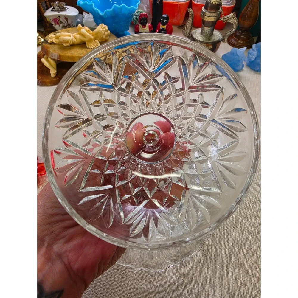 Vintage Clear Pressed Glass Round Butter Dish with Domed Lid Starburst Diamond